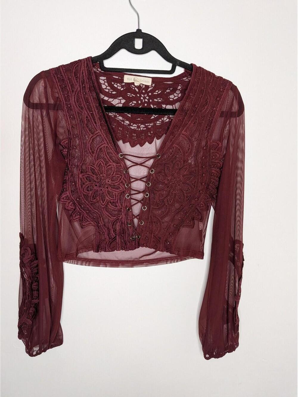 Hot & Delicious Blouse Womens L Red Sheer Mesh Lace Up Embroidered Crop Top Boho